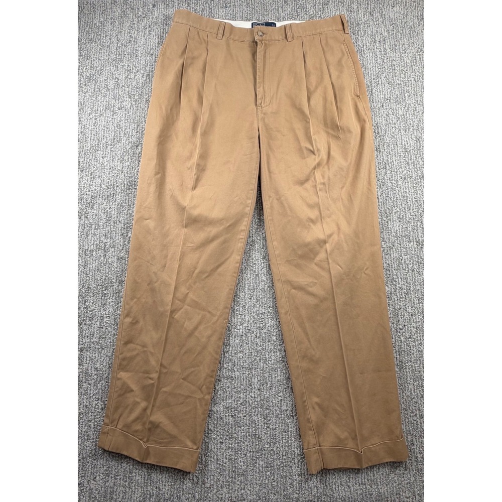 VTG Polo Ralph Lauren Hammond Pant Men 36x30 Tan Double Pleated Cuffed Chinos